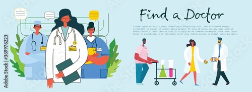 Find a doctor. Team doctors on a white background. Vector illustration in flat style