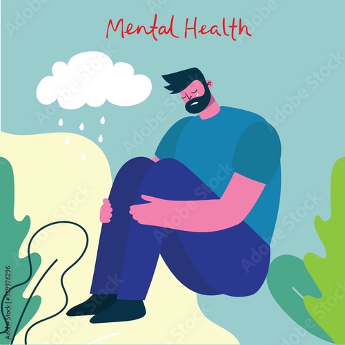 Young man with storm in head. Mental health illustration concept. Psychology visual interpretation of mental health.