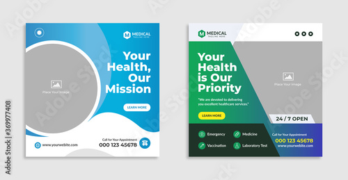 Medical service social media post template design. Set of editable square banners. Vector illustration for web or internet banner. Service & business promotion post or banner with abstract shapes.