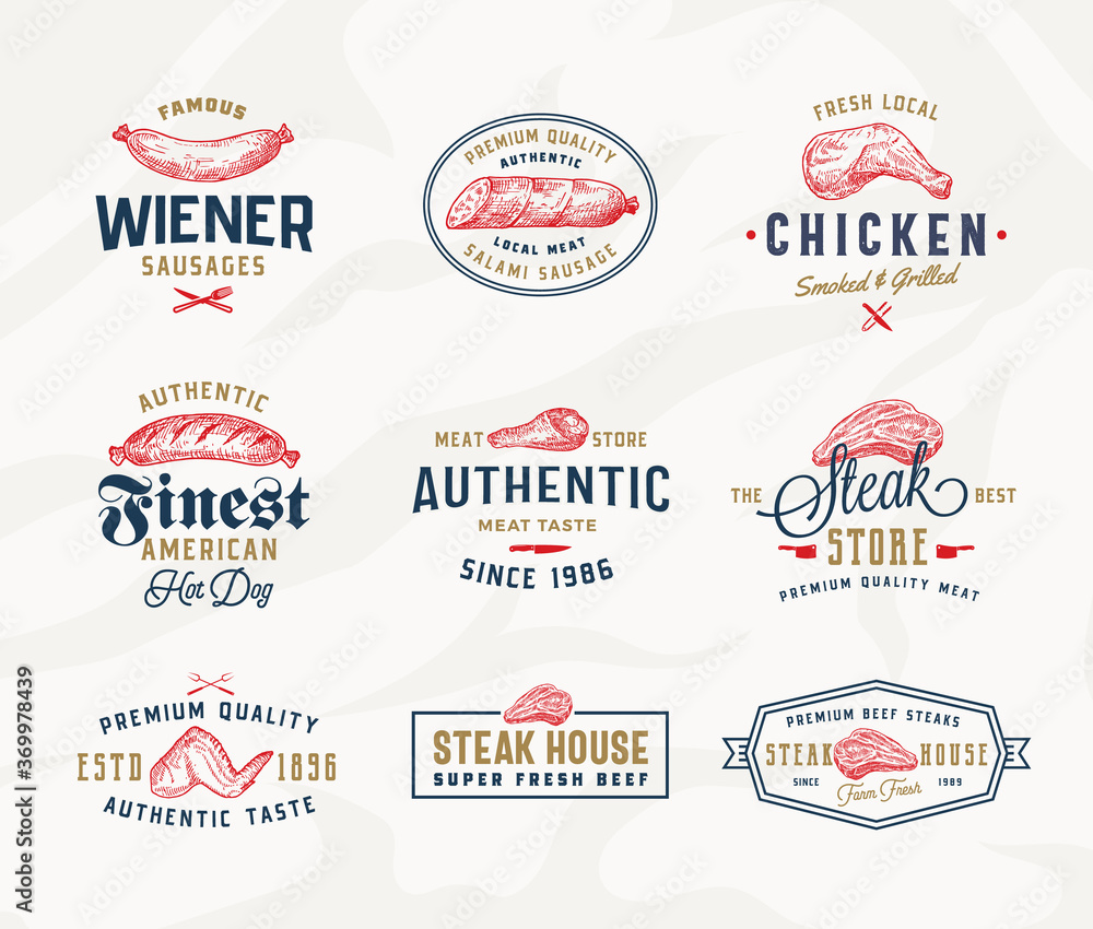 Steak House or Meat Store Typography Labels, Emblems or Logo Templates Collection. Hand Drawn Sausage, Steak, Chicken Thigh, Wings and Drumstick Sketch Signs Set. Textured Background.