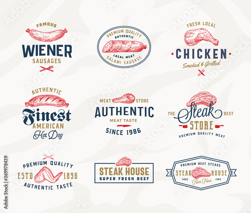 Steak House or Meat Store Typography Labels, Emblems or Logo Templates Collection. Hand Drawn Sausage, Steak, Chicken Thigh, Wings and Drumstick Sketch Signs Set. Textured Background.