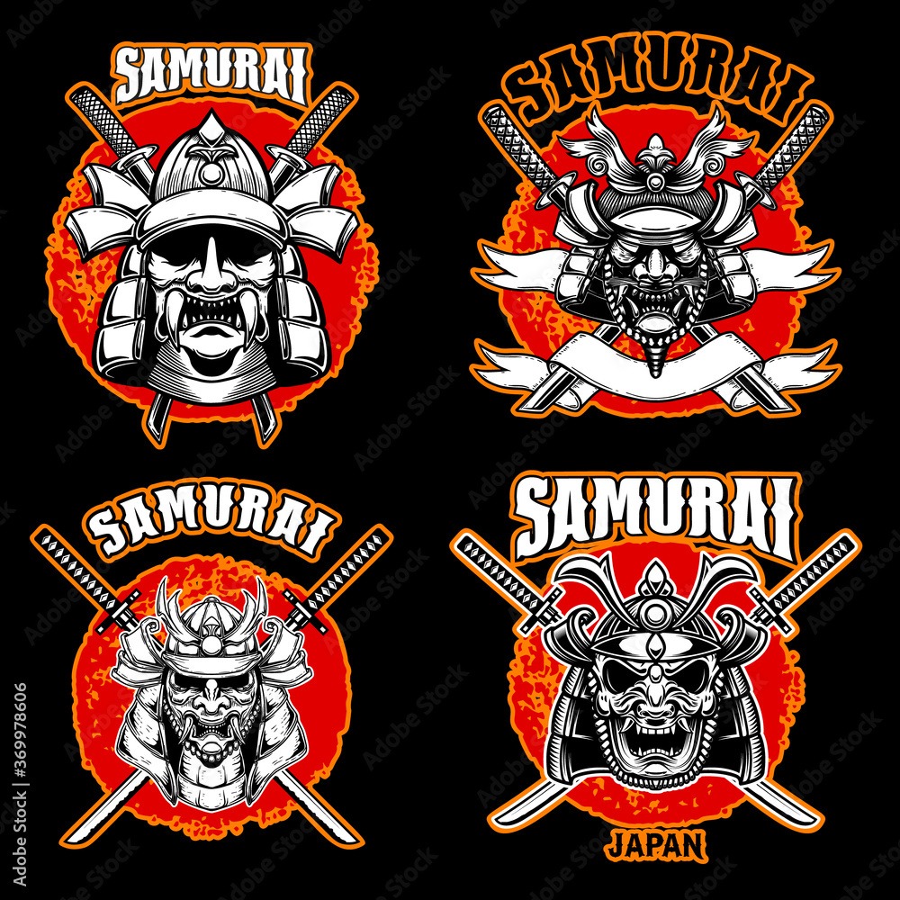 Set of vintage monochrome illustrations of samurai helmets and crossed swords. Design element for logo, label, sign, poster, t shirt. Vector illustration