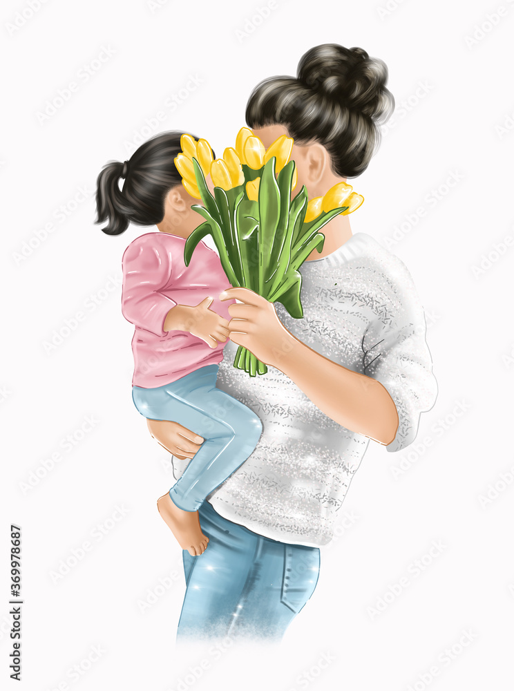 Digital hand-drawn family illustration of a mother with a daughter in the hands with yellow tulips for creating sublimation designs and graphic design Digital hand-drawn family illustration of a mother with a daughter in the hands with yellow tulips for creating sublimation designs and graphic design