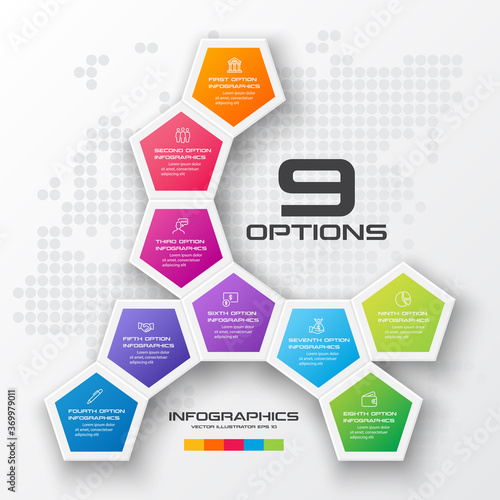 Pentagon element for infographic,Business concept with 9 options,Vector illustration.