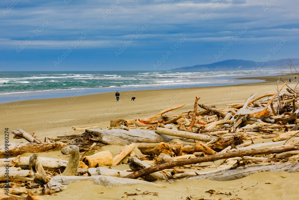 Driftwood and a man walking on Bandon beach on the southern Oregon coast.