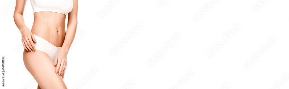 panoramic concept of young woman with perfect body in panties and top standing isolated on white panoramic concept of young woman with perfect body in panties and top standing isolated on white