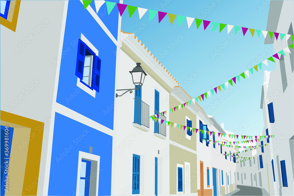 Calle de un pueblo decorada con banderines para la fiesta mayor Stock  Vector | Adobe Stock