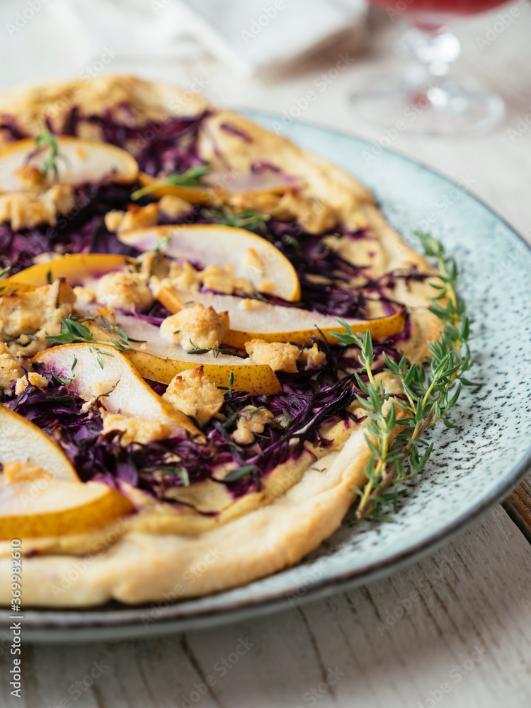 German Flammkuchen with Red Cabbage, Pears and Vegan Feta German Flammkuchen with Red Cabbage, Pears and Vegan Feta