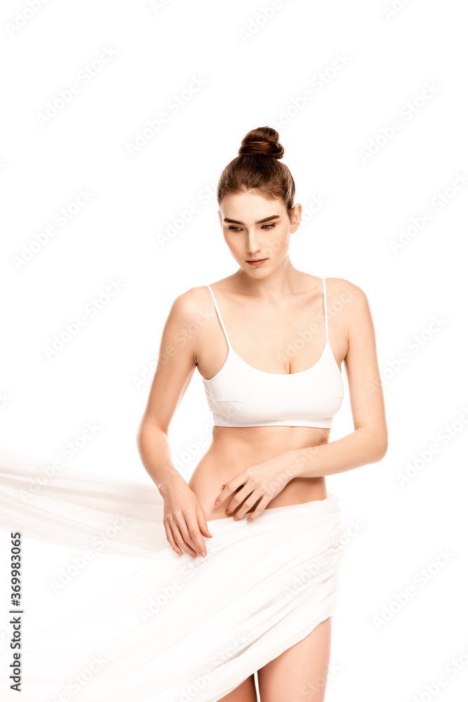 young woman in top touching chiffon cloth isolated on white young woman in top touching chiffon cloth isolated on white