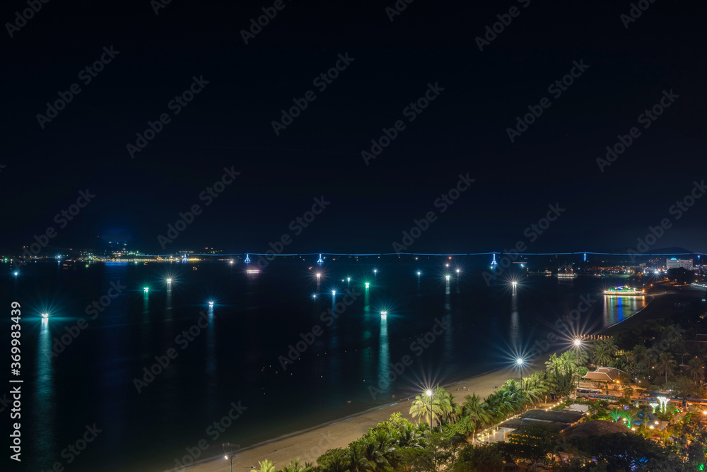 Night view from the roof to the street and the embankment of the sea, Nha Trang Vietnam