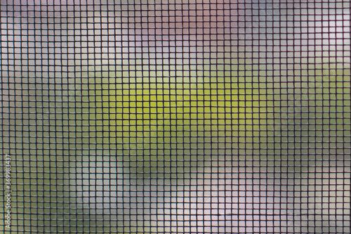 The texture of the mosquito net on the window. Insect protection. The grid is in focus, the landscape outside the window is blurred, photo