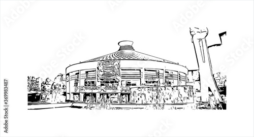 Building view with landmark of Almaty, Kazakhstan's largest metropolis, is set in the foothills of the Trans-Ili Alatau mountains. Hand drawn sketch illustration in vector.