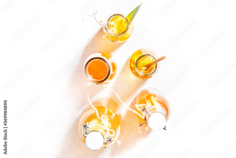 Selection Of Fermented Kombucha Drinks. Homemade probiotic superfood tea, keto diet drink, tepache, cider, kvass, ginger ale. Healthy flavored drink. Copy space. Top View - obrazy, fototapety, plakaty 
