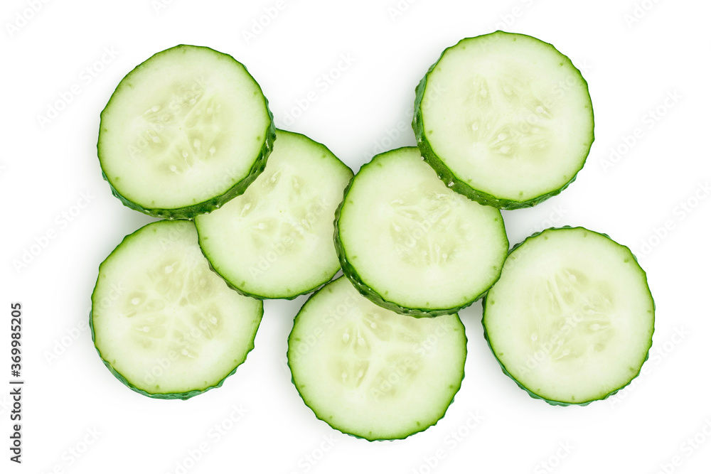 Sliced cucumber isolated on white background with clipping path and full depth of field, Top view. Flat lay Sliced cucumber isolated on white background with clipping path and full depth of field, Top view. Flat lay