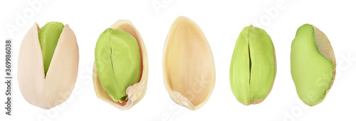 peeled pistachio isolated on white background . Top view. Flat lay, Set or collection
