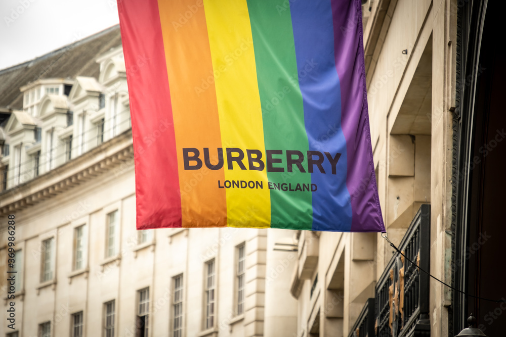 LONDON- Burberry store on an LGTBQ rainbow flag on Regent Street flagship  store, a luxury British fashion retailer. foto de Stock | Adobe Stock