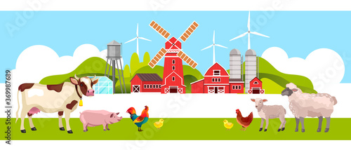 Organic farm landscape with cow, pig, sheep, lamb, chicken, cock, mill, barn. Rural farming landscape with domestic animals, water tower, greenhouse, wind turbine. Husbandry illustration in flat style
