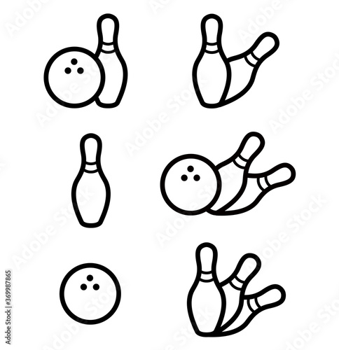 Vector set of bowling. Bowling pins with ball icon. Bowling game. Simple icon skittles with ball. Logo template. Bowling club, tournaments. Vector icon. 