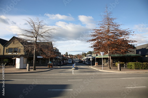 Winter view of Wanaka town center in the Otago region of the South Island New Zealand.