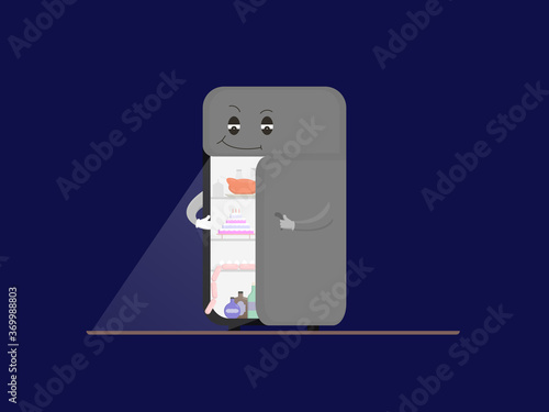 Cartoon illustration of a refrigerator at night, offering to eat at night, cunningly opening the door with your hands.