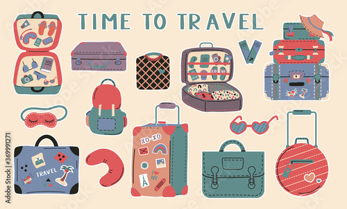 Set of various luggage bags, suitcases, neck pillow, baggage, travel bags. Vacation, holiday. Hand drawn vector set. Colorful trendy illustration. Cartoon style. Flat design. All elements are isolated