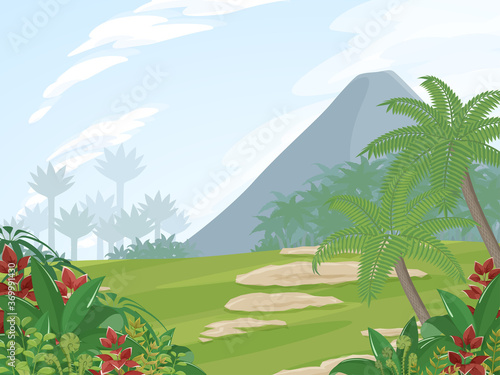 恐竜時代の植物のある風景_ジュラ紀白亜紀_背景イラスト