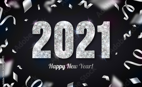 Happy New Year Banner with Silver 2021 Numbers on Black Background with Flying Confetti and Streamers. Vector illustration