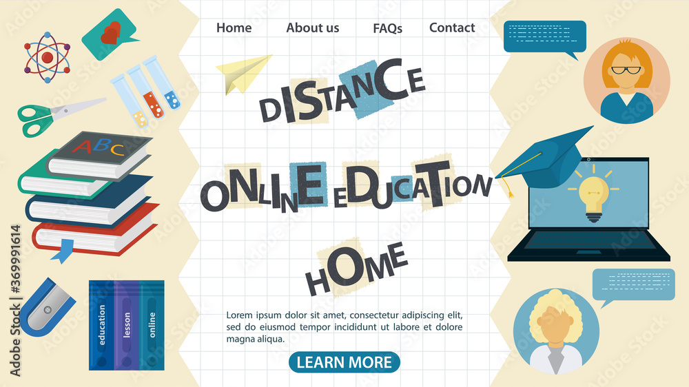 Design 12 web page banner on the theme of home school distance online education using Internet technologies flat vector illustration cartoon Design 12 web page banner on the theme of home school distance online education using Internet technologies flat vector illustration cartoon
