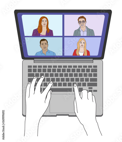 Hand drawing illustration of freelance work from home. The girl communicates via video call communication using laptop with her business colleagues.
