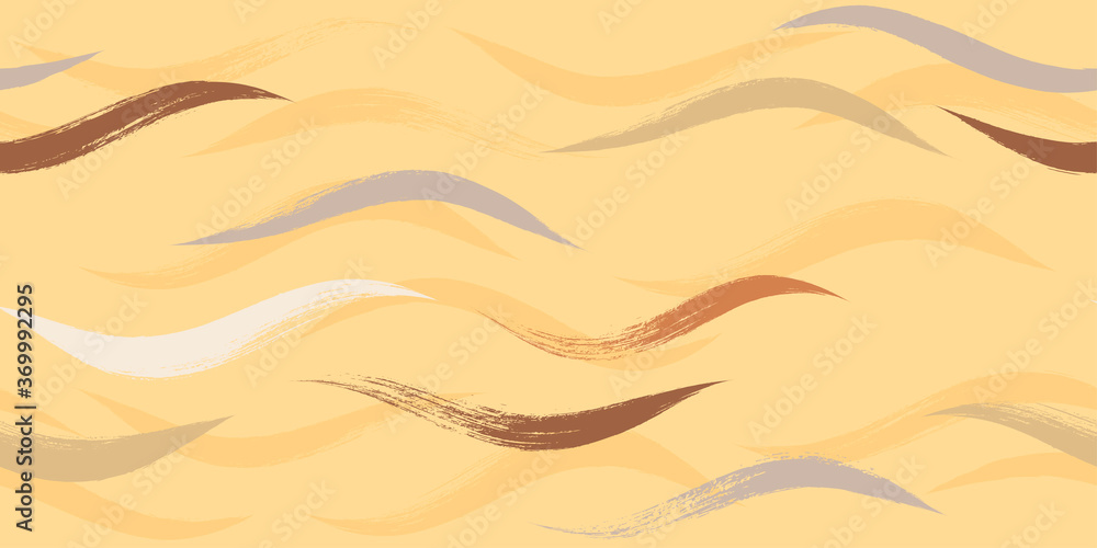 Obraz premium Seamless Wave Pattern, Hand drawn autumn sea modern vector background. Wavy beach brush stroke, curly grunge paint lines, fall watercolor illustration