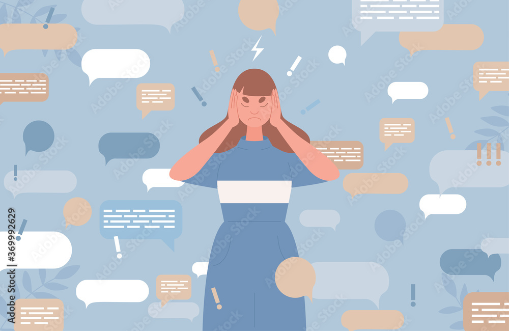 Sad young woman covers ears with hands to stop information noise vector flat illustration with speech bubbles. Fake news, advertising noise, disinformation, raising a panic concept. Sad young woman covers ears with hands to stop information noise vector flat illustration with speech bubbles. Fake news, advertising noise, disinformation, raising a panic concept.
