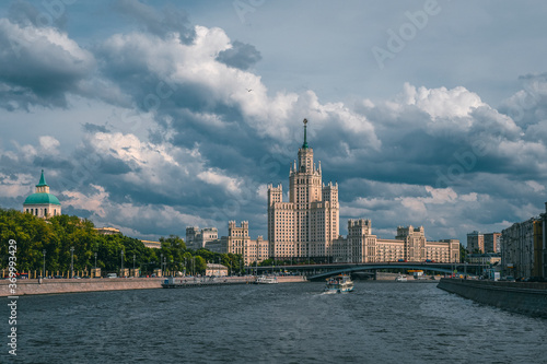 Beautiful view of Moscow. Panoramic view of the Moscow river in Russia at sunny summer day
