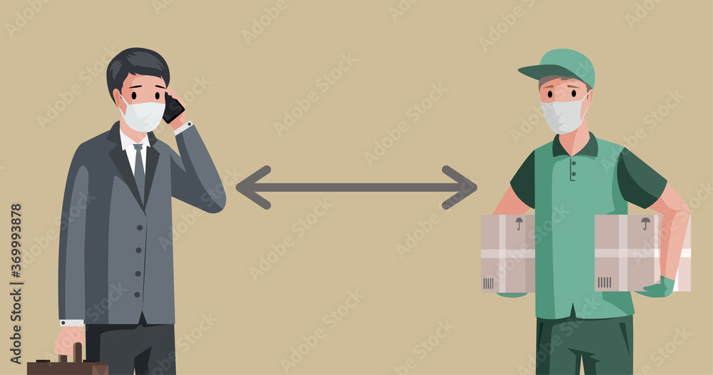 Obraz premium Businessman and delivery man wearing medical masks and maintain social distancing to prevent coronavirus spreading vector flat illustration. Quarantine and keep the distance banner concept.