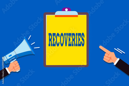 Text sign showing Recoveries. Business photo text process of regaining possession or control of something lost Two Hu analysis Hands Holding Megaphone another Pointing to a Blank Clipboard photo