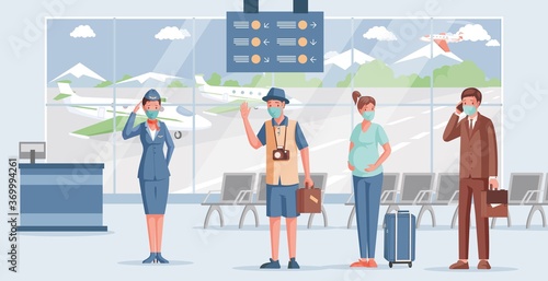People in airport vector flat illustration. Airport worker in face mask and uniform welcoming passengers. Woman and men in protective masks keep social distance after coronavirus outbreak.