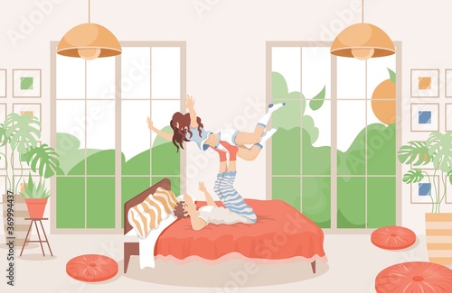 Happy couple spending time together in bed vector flat illustration. Boyfriend and girlfriend doing fooling around, doing funny sport exercises. Modern bedroom interior design.