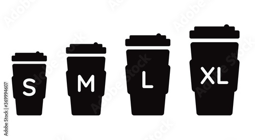 Coffee cup size S M L XL. Different size - small, medium, large and extra large. Black coffeecup icons set