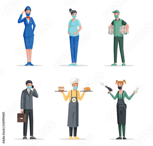 Group of people of different professions in medical mask vector flat concept. Airport and airline worker, pregnant woman, delivery man, businessman, chef, and hairdresser characters.