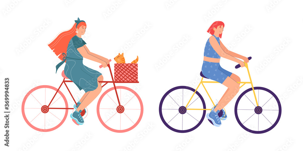 Fototapeta premium A set of young women riding bikes. Cartoon style. Vector illustration isolated on white background.