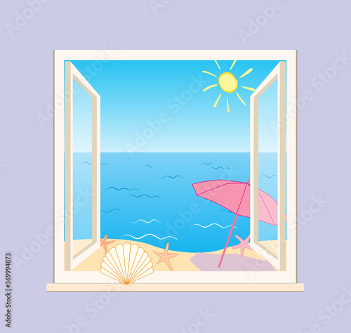 blue sea and beach behind open window - vector illustration of summer vacation