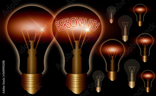 Word writing text Personality. Business photo showcasing the condition or fact of relating to a particular an individual Realistic colored vintage light bulbs, idea sign solution thinking concept photo