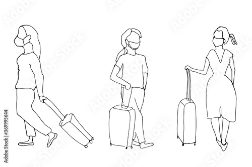 Line sketch passengers wearing protective medical masks and at the airport tourists going on summer vacation journey or trip with baggage or luggage