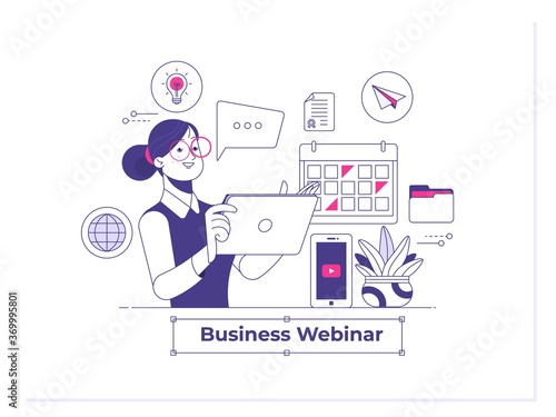 Webinar and employees training. Distance education, video tutorial.Flat line vector editable graphic website illustration