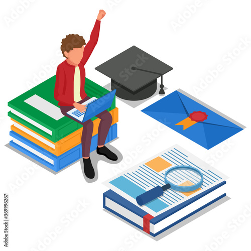 Student do online learning at computer laptop. Male with education technology, books, graduation cap. Isometric e-learning illustration concept. Vector