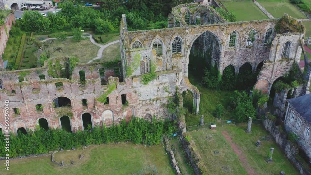 Abbey in 4k. Aerial photography. View from above. Top view of the abbey. Ruined abbey. Historical places. Destructive building. Abandoned. Belgium Abbey in 4k. Aerial photography. View from above. Top view of the abbey. Ruined abbey. Historical places. Destructive building. Abandoned. Belgium