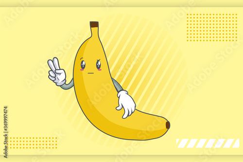 REALLY, ATTENTIVE, Curios Face Emotion. Peace Hand Gesture. Banana Fruit Cartoon Drawing Mascot Illustration.