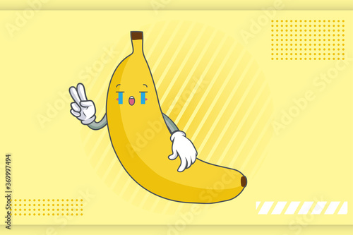 CRYING, SAD, SOB, CRY Face Emotion. Peace Hand Gesture. Banana Fruit Cartoon Drawing Mascot Illustration.