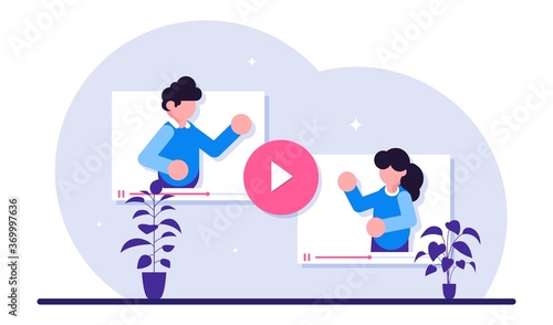 Online Video Conference concept. Man and a woman communicate via video call. How to solve work issues remotely while working, Modern flat illustration.