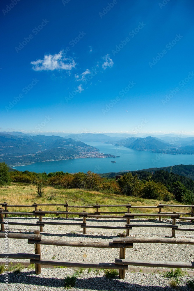 panoramic view of Lake Maggiore in Italy seen from the top of Mottarone
