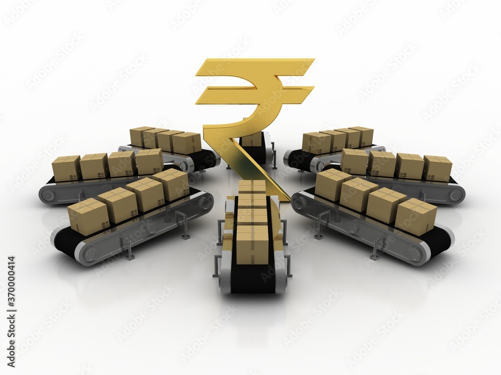 3D rendering illustration Rupee currency with card box in Conveyor belt . 3D rendering illustration Rupee currency with card box in Conveyor belt .